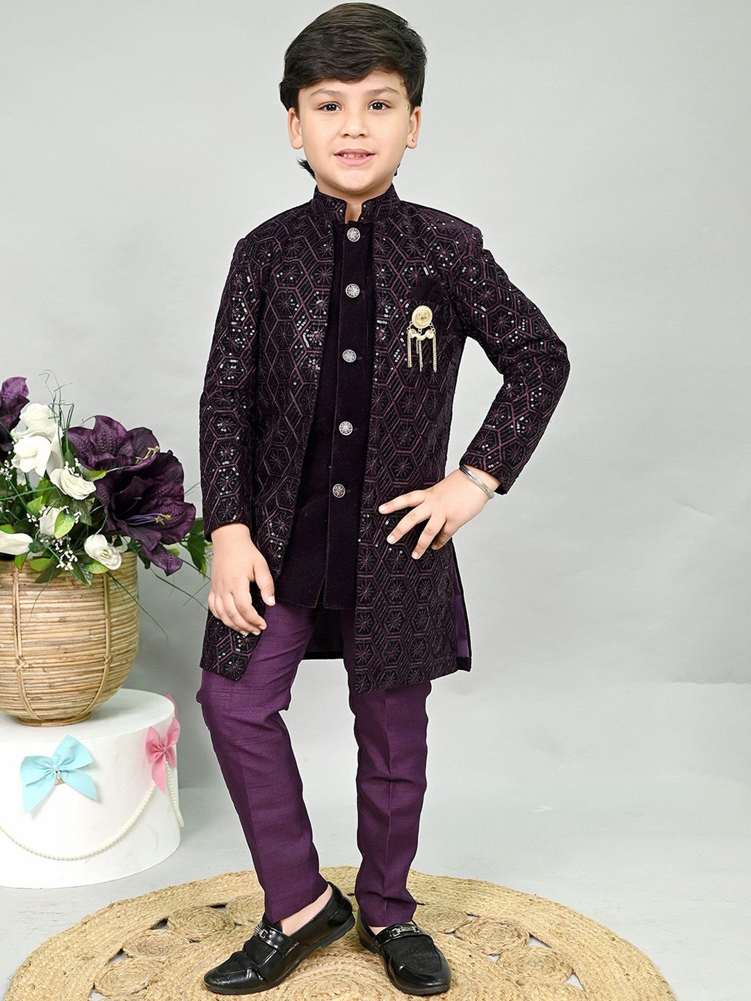 ahhaaaa Boys Sequin Embroidered Velvet Sherwani Set-image-42
