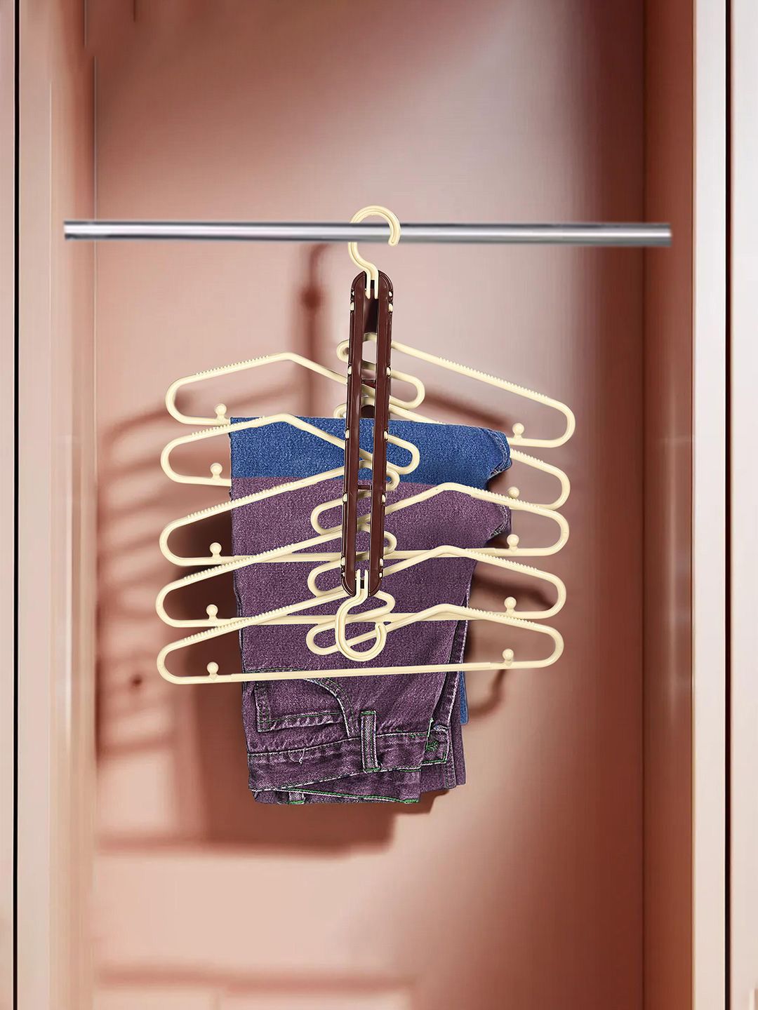 Kuber Industries Cream & Brown 5 In 1 Folding Hangers For Clothes-Shirts-Pants-Jeans-Ties