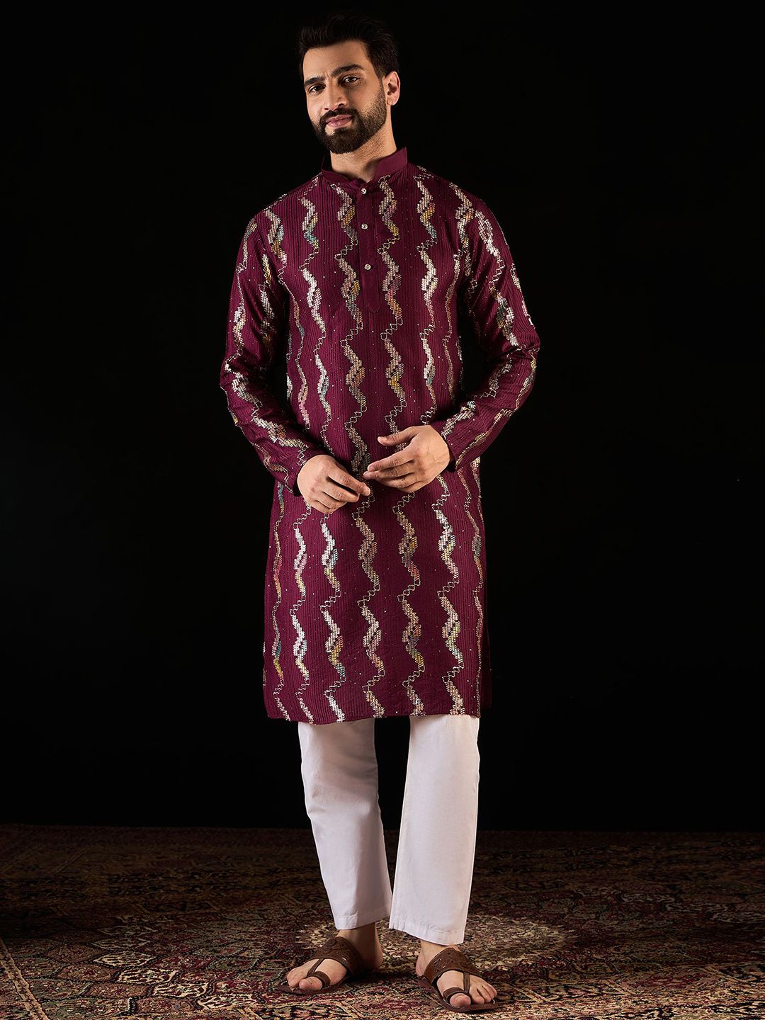 Anouk Maroon Geometric Embroidered Mandarin Collar Sequinned Pure Silk Straight kurta-picture-11