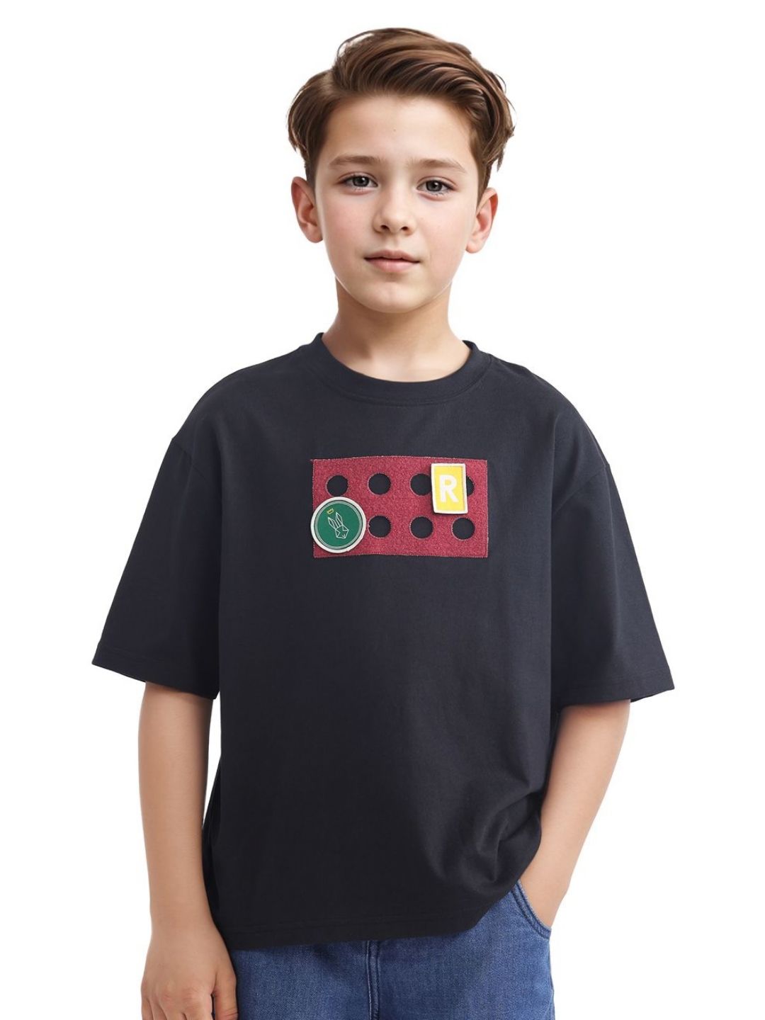 RARE ONES Boys Geometric Printed Round Neck Cotton Oversized T-shirt