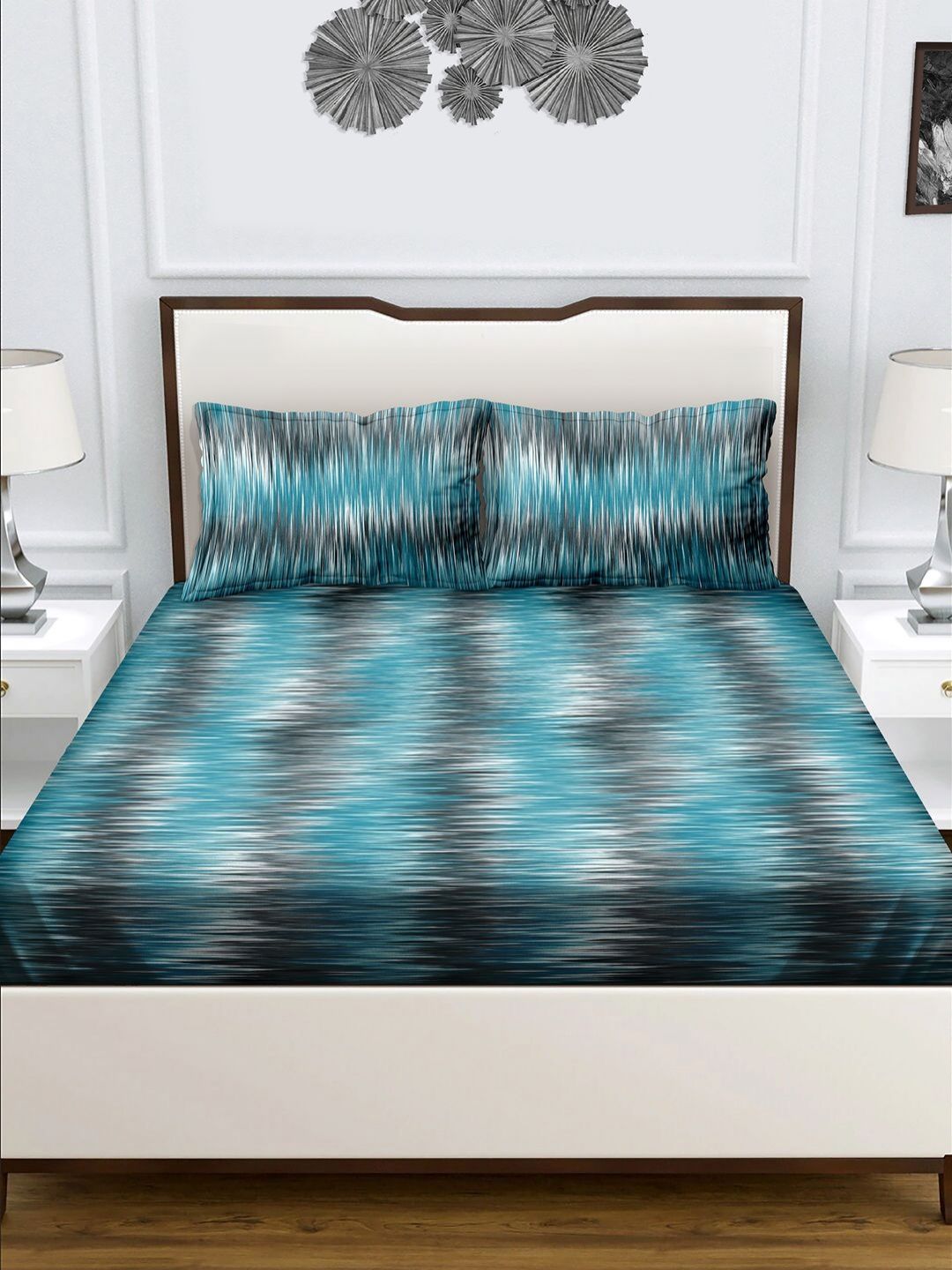 Myntra Elegant Homes Blue & Black Ethnic Motifs 160 TC Queen Bedsheet with 2 Pillow Covers-picture-19