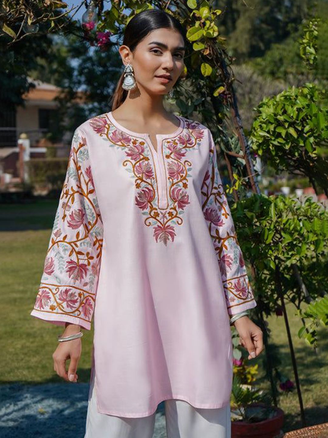 HOUSE OF KARI Floral Embroidered Kashmiri Aari Work Pure Cotton Short Kurti-picture-32