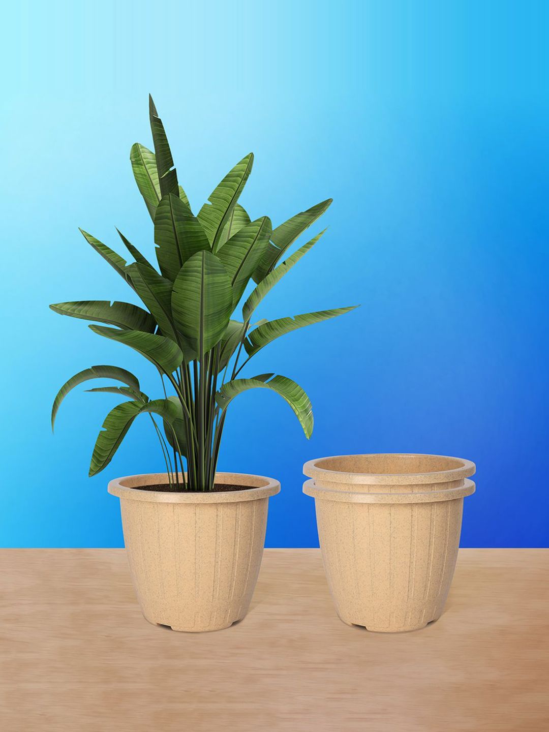 Kuber Industries Beige 3 Pieces Textured Round Marble Euro Planters-picture-30