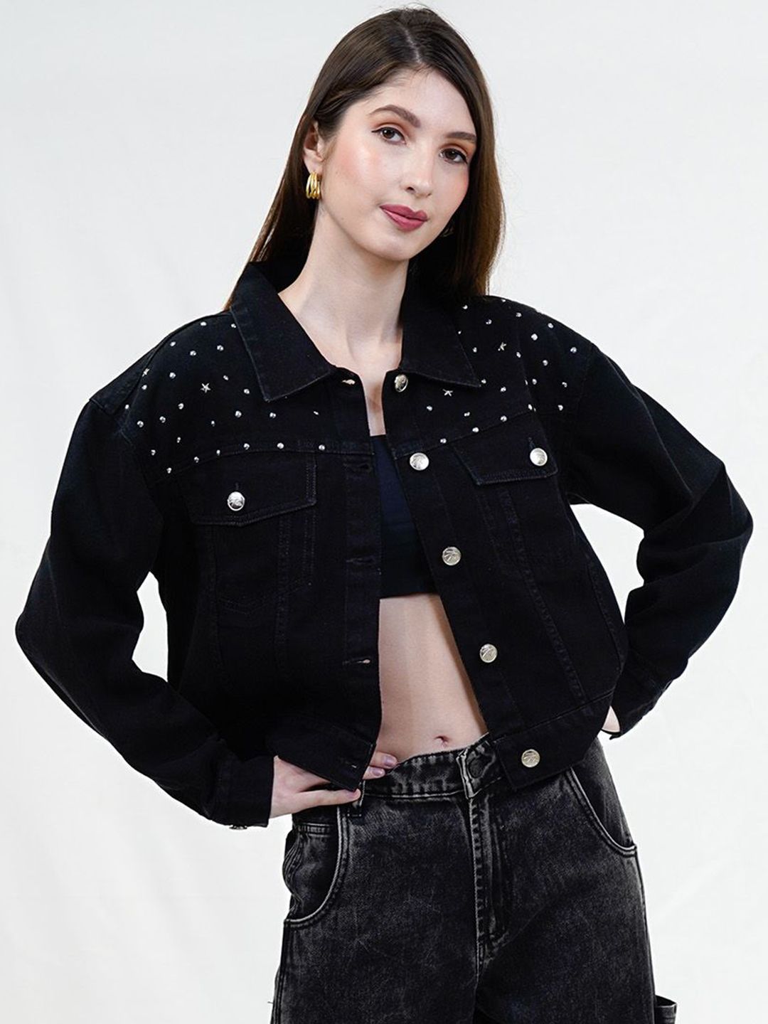 COSMIC TRIO Women Solid Studded Pure Cotton Lightweight Denim Jacket
