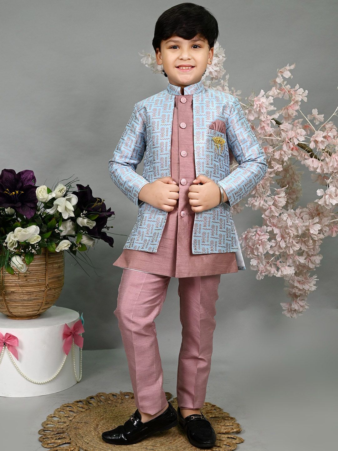 ahhaaaa Boys Self Designed Mandarin Collar	Sherwani Set-picture-31