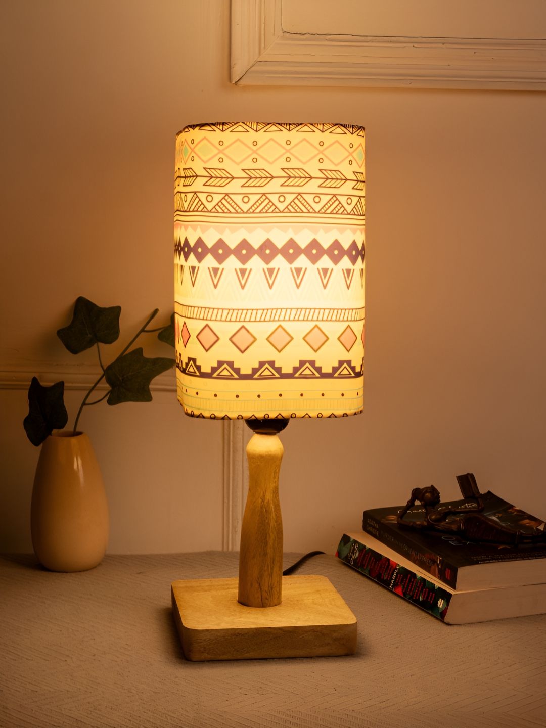 green girgit Cream-Coloured Printed Wood Cylindrical Shaped Table Lamp with Bulb-picture-28