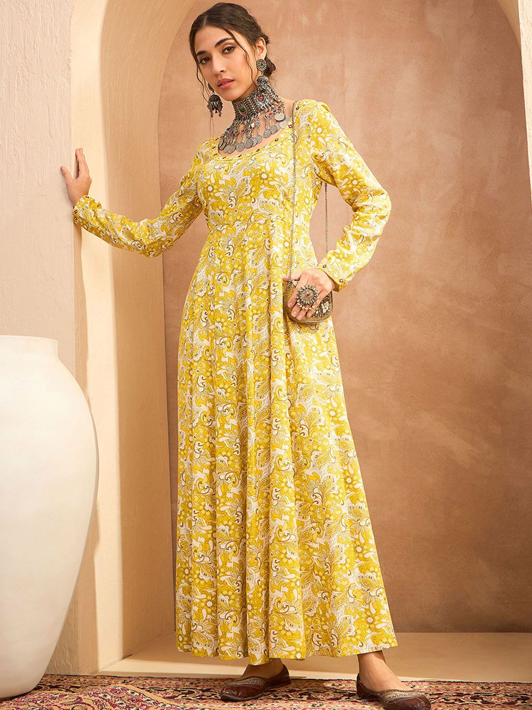 Shae by SASSAFRAS Floral Printed Mirror Work A-Line Kurta with Trouser