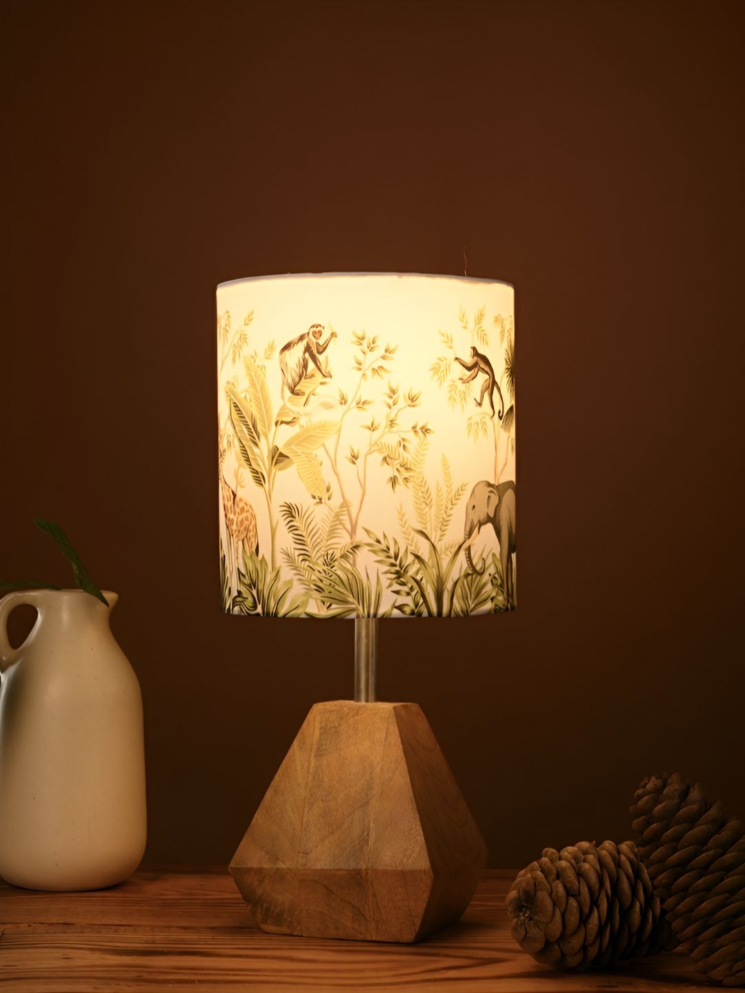 green girgit Brown & White Printed Cylindrical Shaped Wooden Table Lamp With Bulb-picture-40