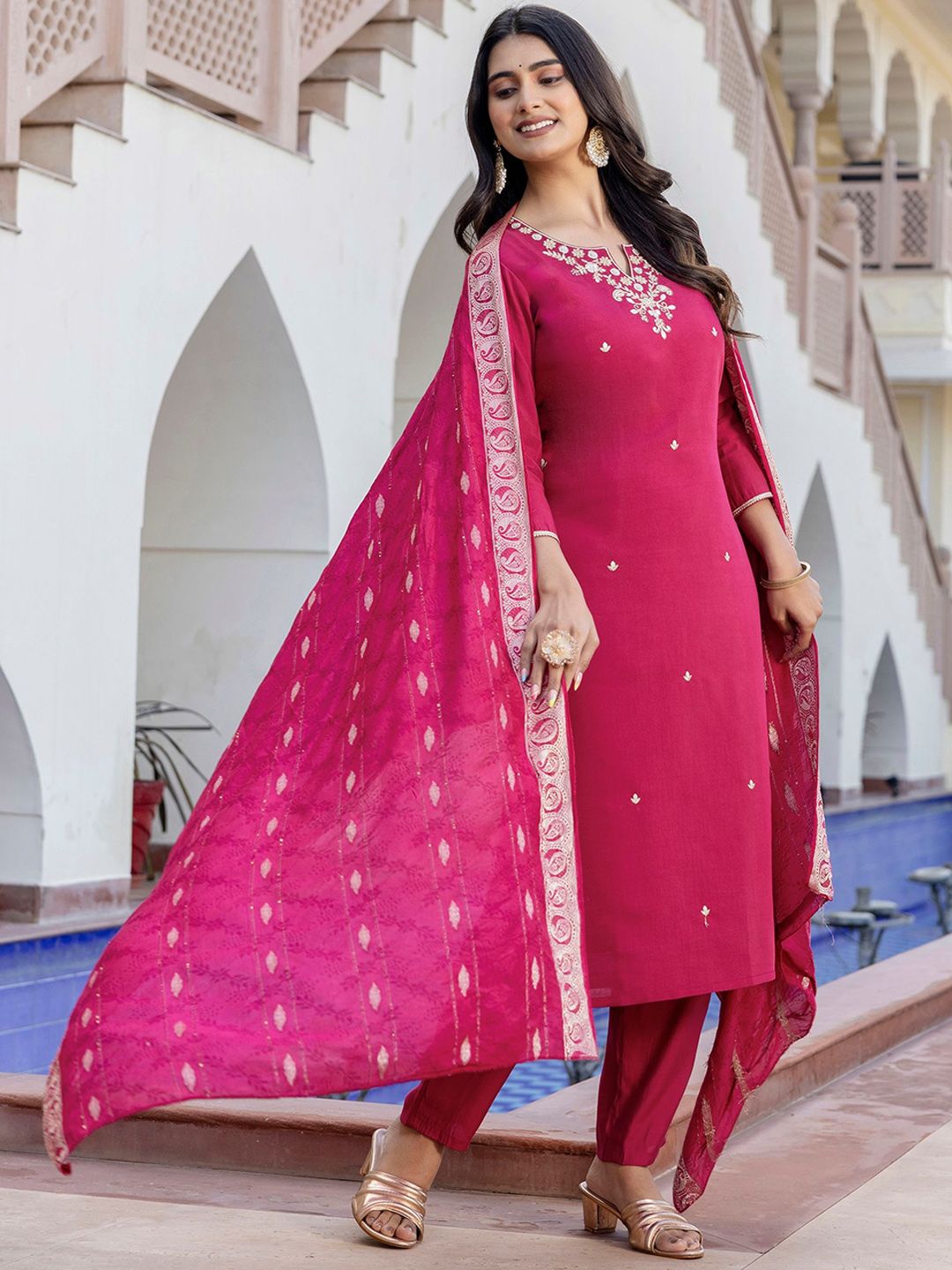 Navlik Floral Embroidered Sequinned Straight Kurta With Trousers And Dupatta