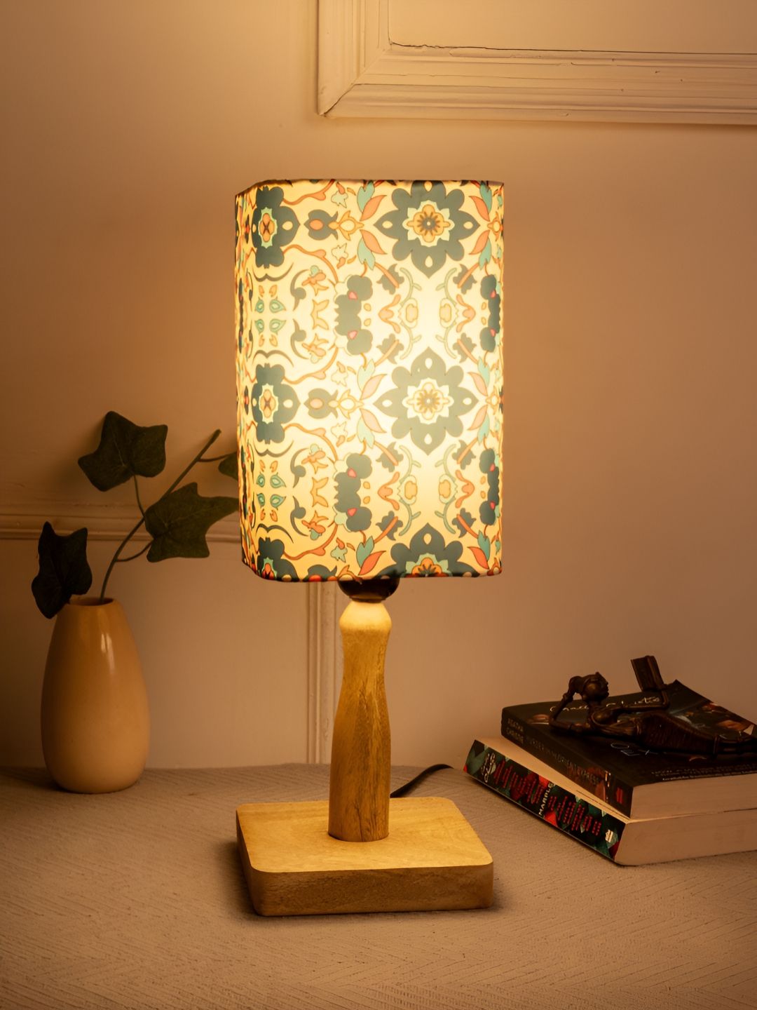 Green Girgit Cream Coloured Printed Wood Square Table Lamp With Bulb-picture-32