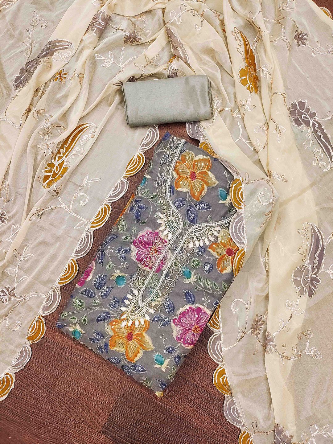 Blissta Floral Printed Gotta Patti Embellished Organza Unstitched Dress Material-picture-39