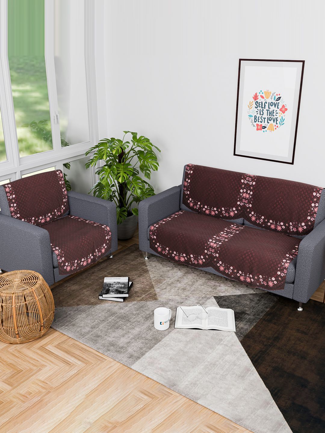 Kuber Industries Brown & Pink 6 Pieces Printed Velvet 3 Seater Sofa Covers-picture-23