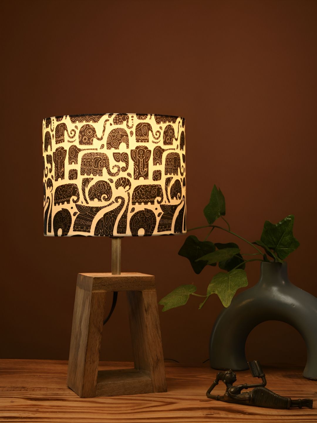 green girgit Beige & Black Printed Cylindrical Shaped Wooden Table Lamp with Bulb-picture-1