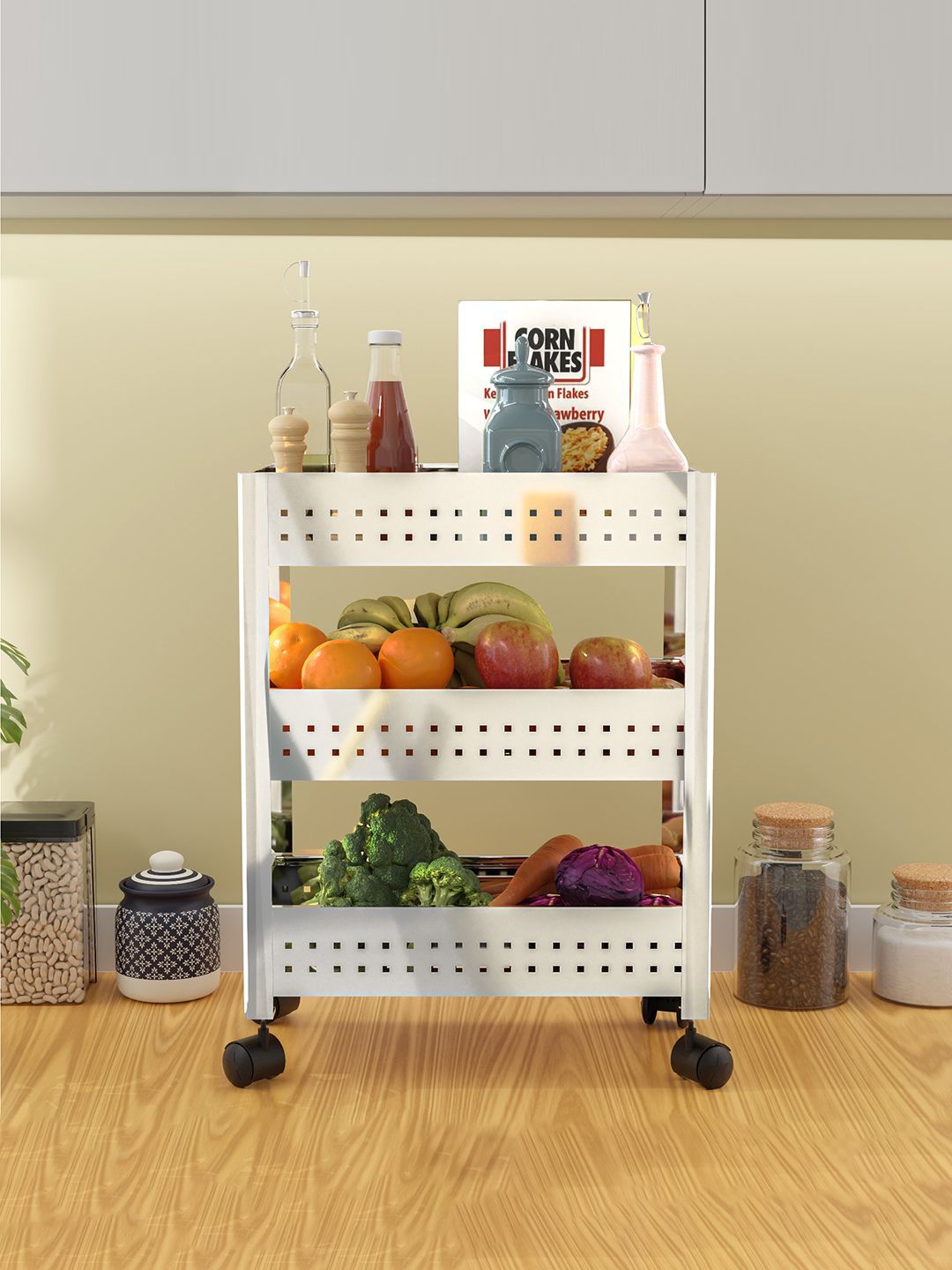 Kuber Industries Silver-Toned Pack of 2 Textured Kitchen 2 & 3 Tier Trolley With Wheels-picture-10