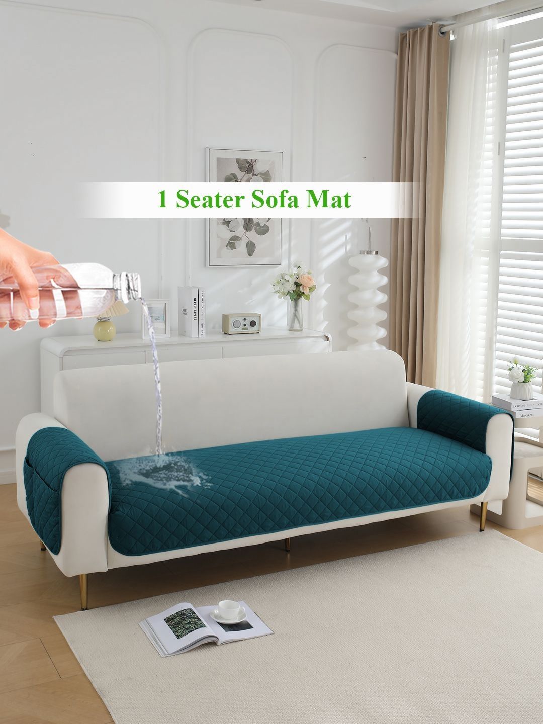 HOKIPO Peacock Blue 3 Pieces Quilted Waterproof 1 Seater Sofa Cover With Arms & Pockets-picture-39