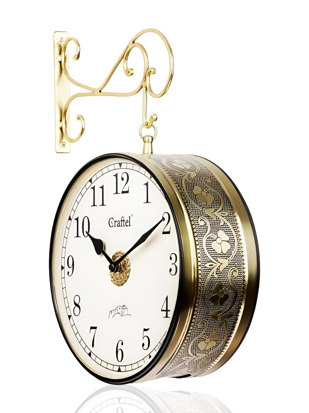 CRAFTEL Gold-Toned Floral Textured Analogue Metal Round Vintage Wall Clock-image-11