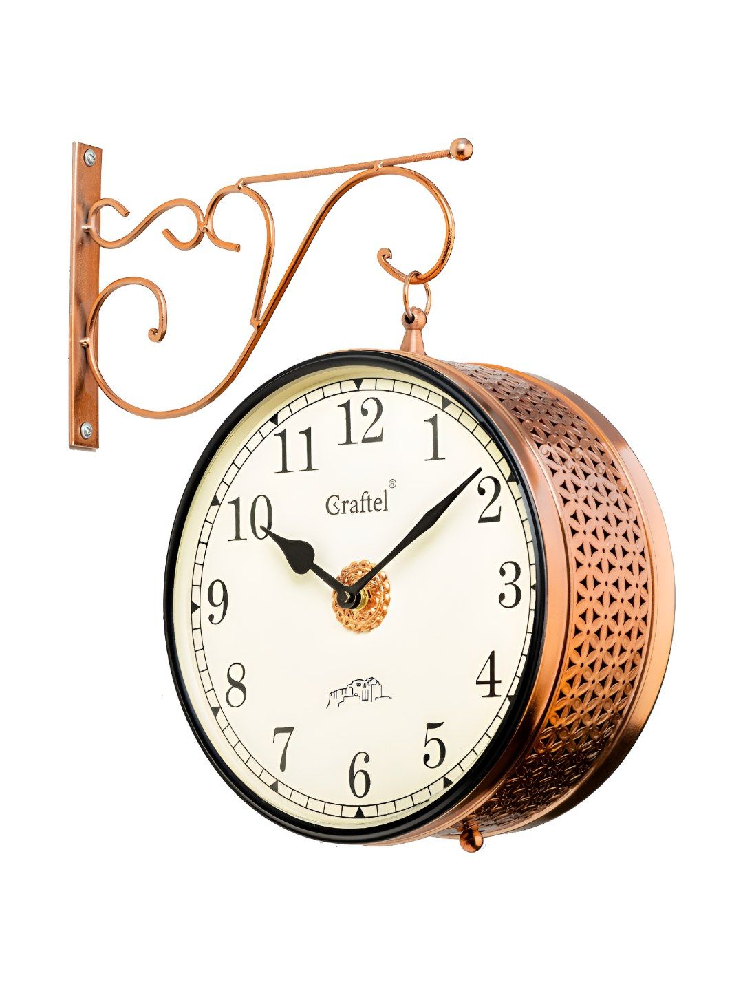 CRAFTEL Rose Gold-Toned Railway Station Textured Analogue Metal Round Vintage Wall Clock-image-49