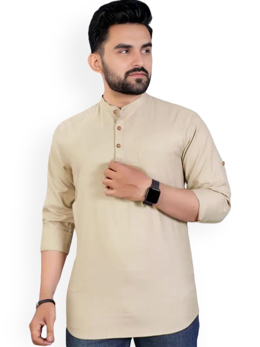 Vida Loca Band Collar Rolled-Up Sleeves Pure Cotton Slim Fit Straight Short Kurta-picture-16