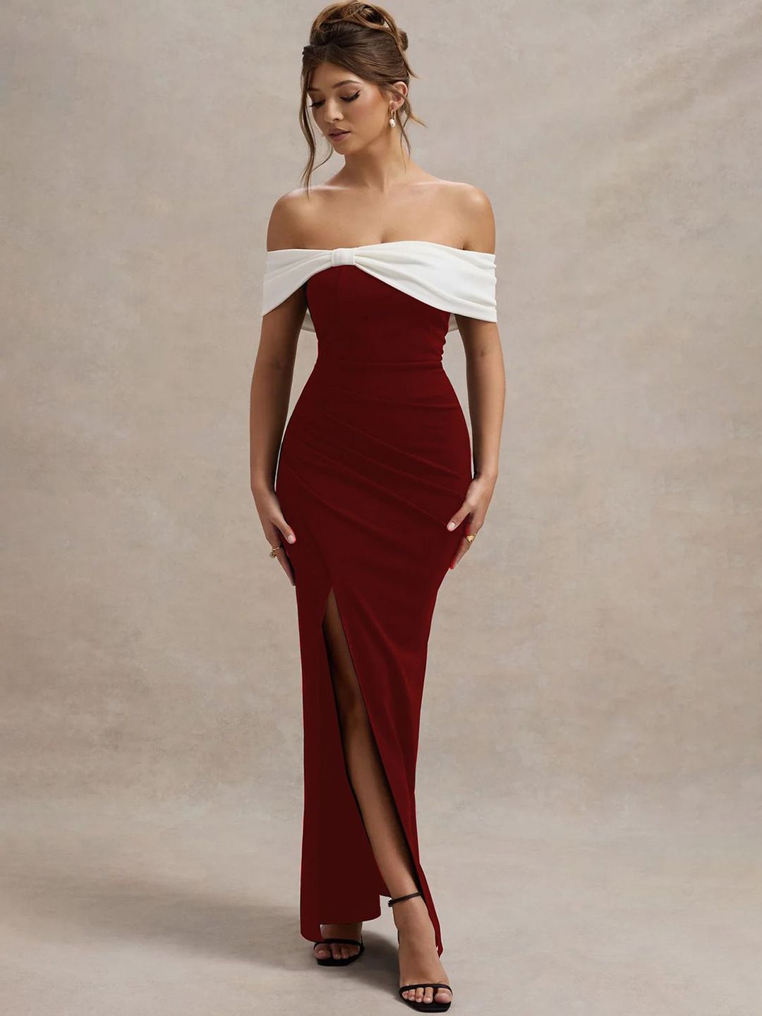 Off-Shoulder Crepe Bodycon Maxi Dress view 5