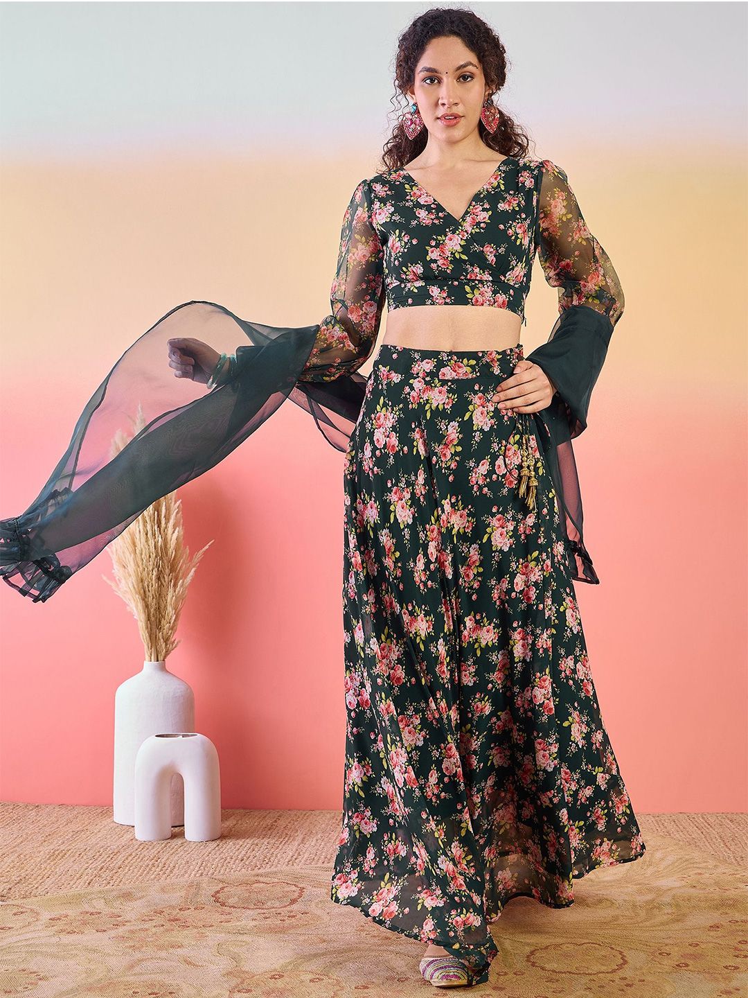Sangria Floral Printed Lehenga With Choli & Dupatta-picture-28