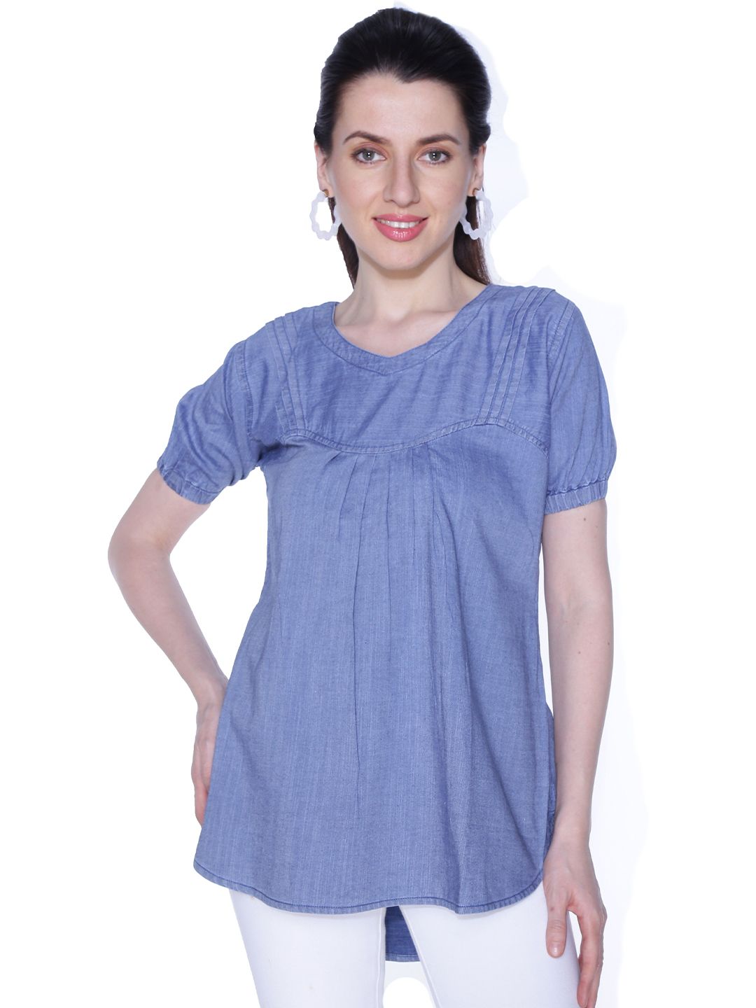 CEFALU Puff Sleeve Denim High-Low Top-picture-16