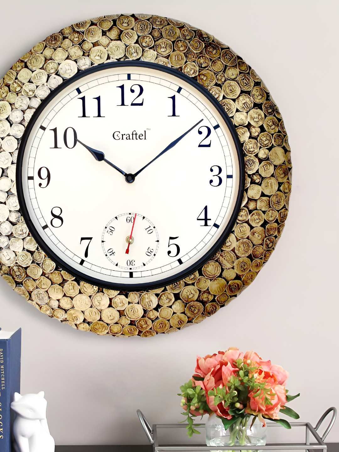 CRAFTEL Gold-Toned Solid Analogue Metal Round Antique Contemporary Coin Design Wall Clock-picture-11