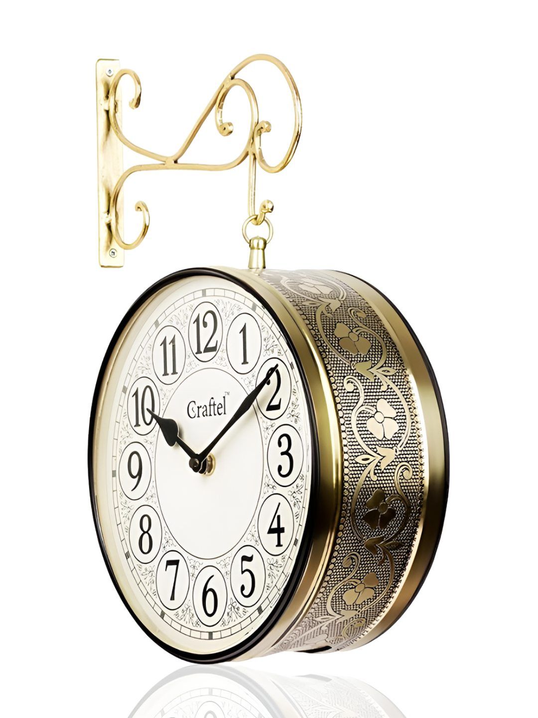 CRAFTEL Gold-Toned Floral Textured Analogue Metal Round Vintage Wall Clock-image-12