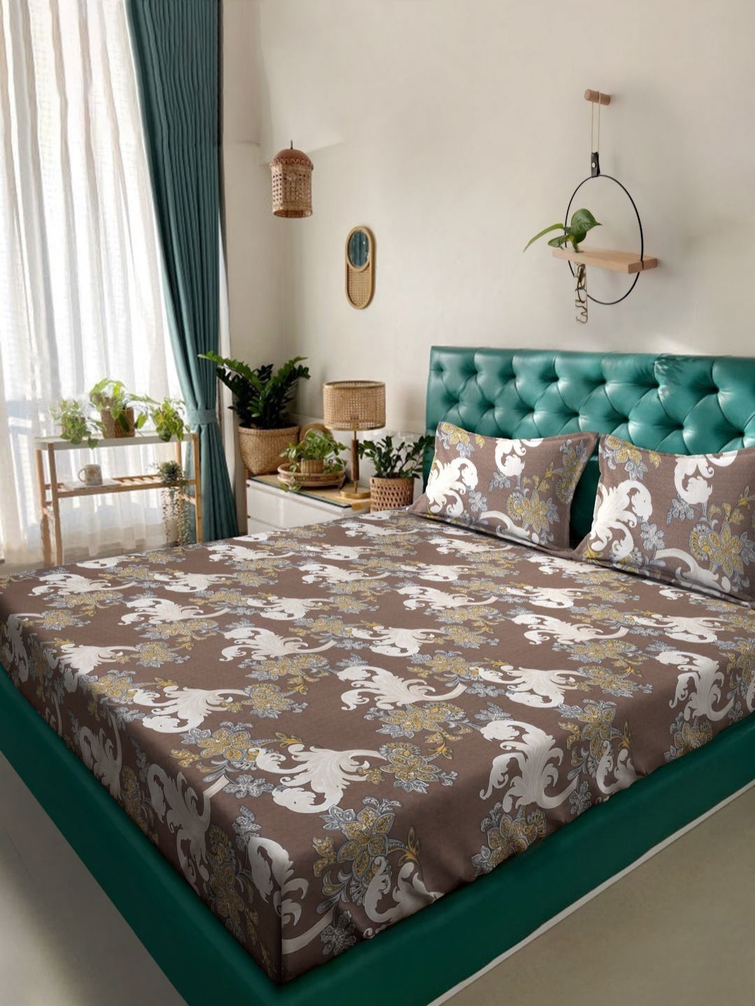 KLOTTHE Brown Floral Printed 300 TC Bedsheet With 2 Pillow Covers2.50 m x 2.25m-picture-42