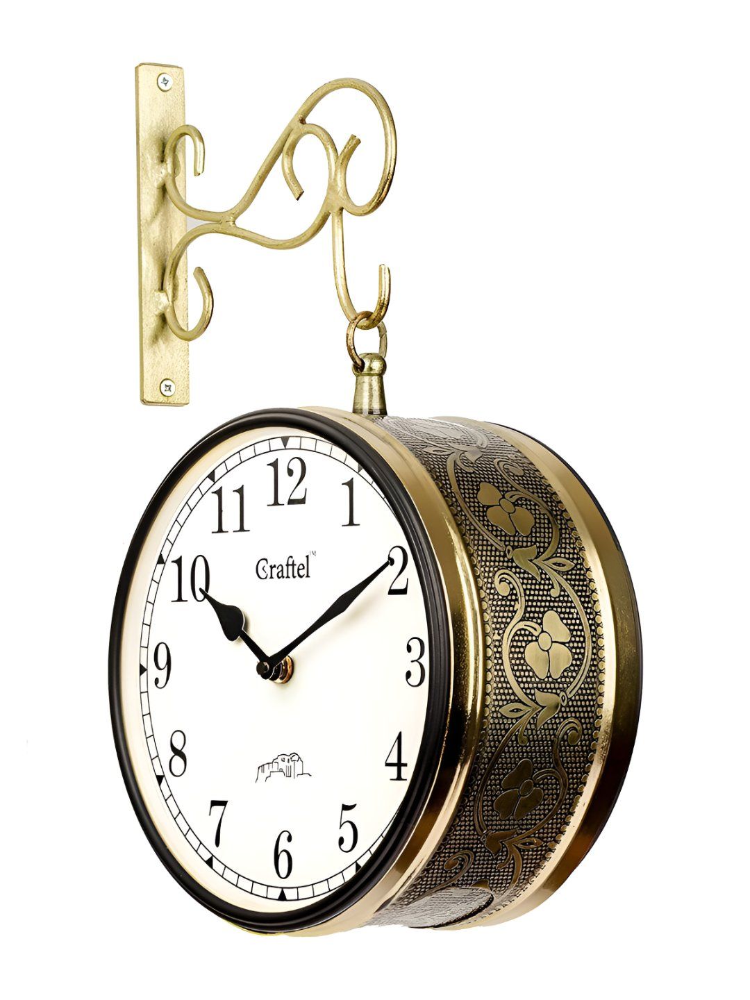 CRAFTEL Gold-Toned Floral Textured Analogue Metal Round Vintage Wall Clock