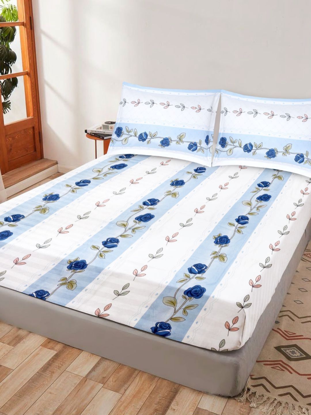 Crest Innovative Lives White & Blue Floral 300 TC King Bedsheet with 2 Pillow Covers-picture-14