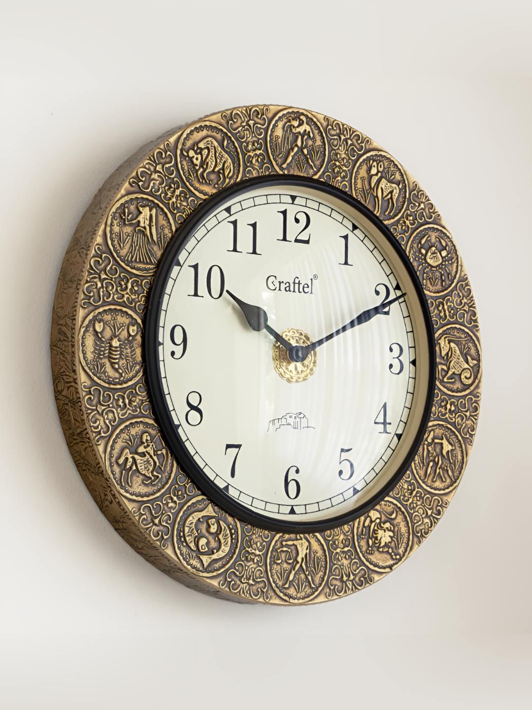 CRAFTEL Gold-Toned Textured Analogue Wood Round Contemporary Zodiac Rashi Wall Clock-image-30