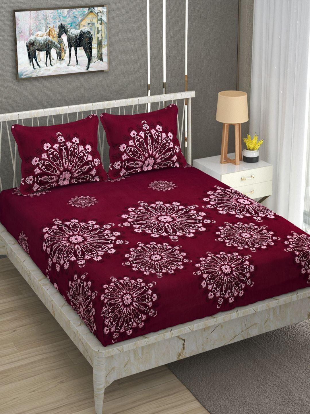 AVI Maroon & Pink Floral 180 TC Single Bedsheet with 1 Pillow Covers-picture-16