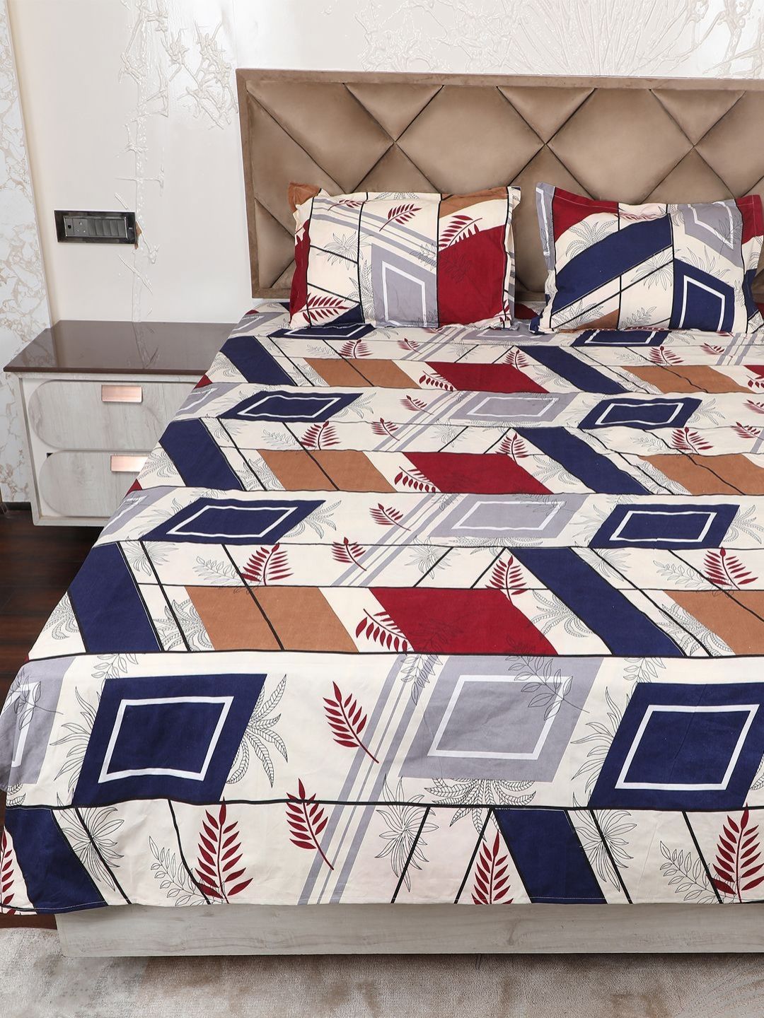 AVI White & Blue Geometric 180 TC Single Bedsheet with 1 Pillow Covers-picture-36