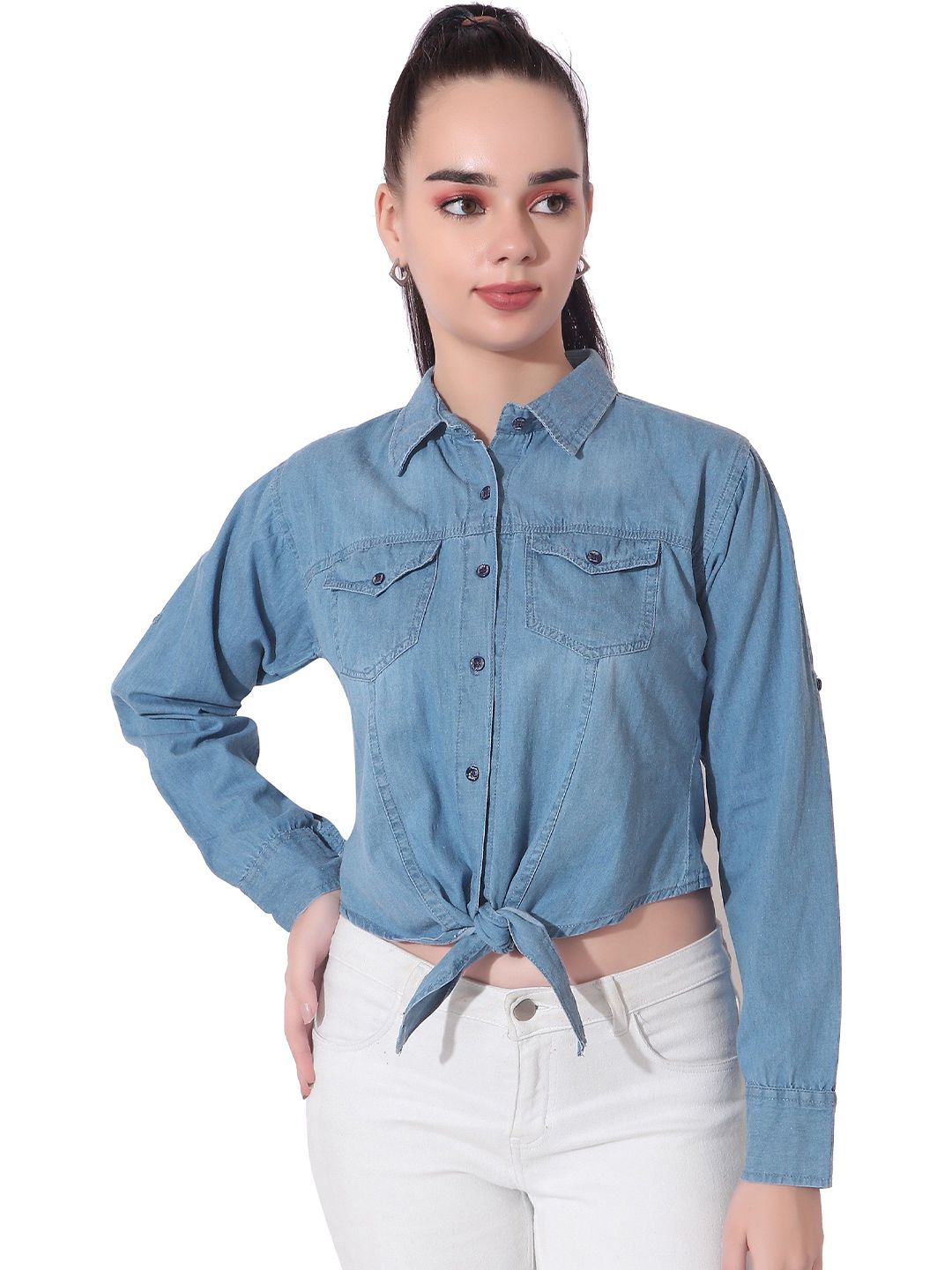 CEFALU Roll-Up Sleeves Denim Shirt Style Crop Top-picture-38