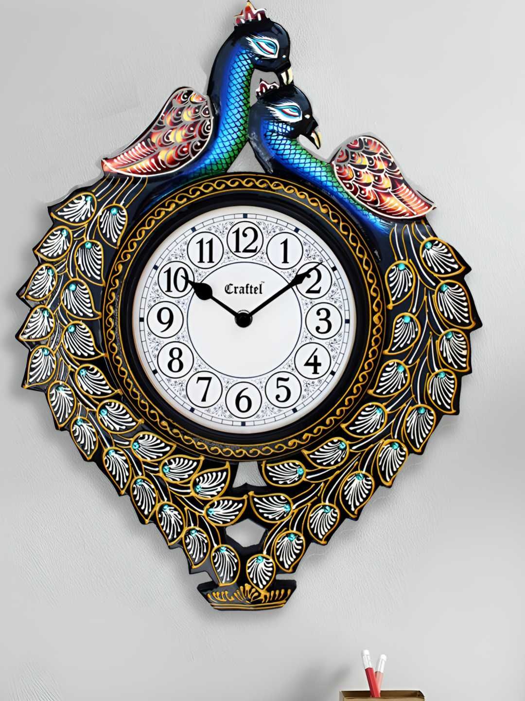 CRAFTEL Gold-Toned & Blue Peacock Analogue Wooden Round Shaped Traditional Wall Clock-picture-19