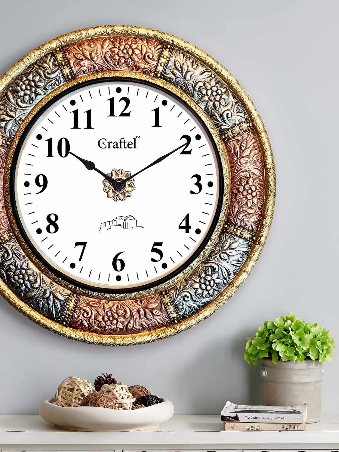 CRAFTEL Gold-Toned & Grey Textured Analogue Round Shaped Vintage Wall Clock-picture-34