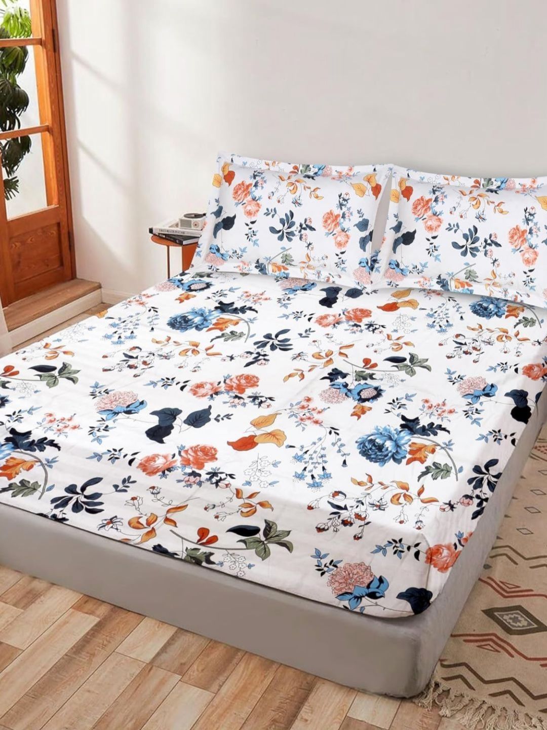 Crest Innovative Lives White & Blue Floral 300 TC King Bedsheet with 2 Pillow Covers-picture-15