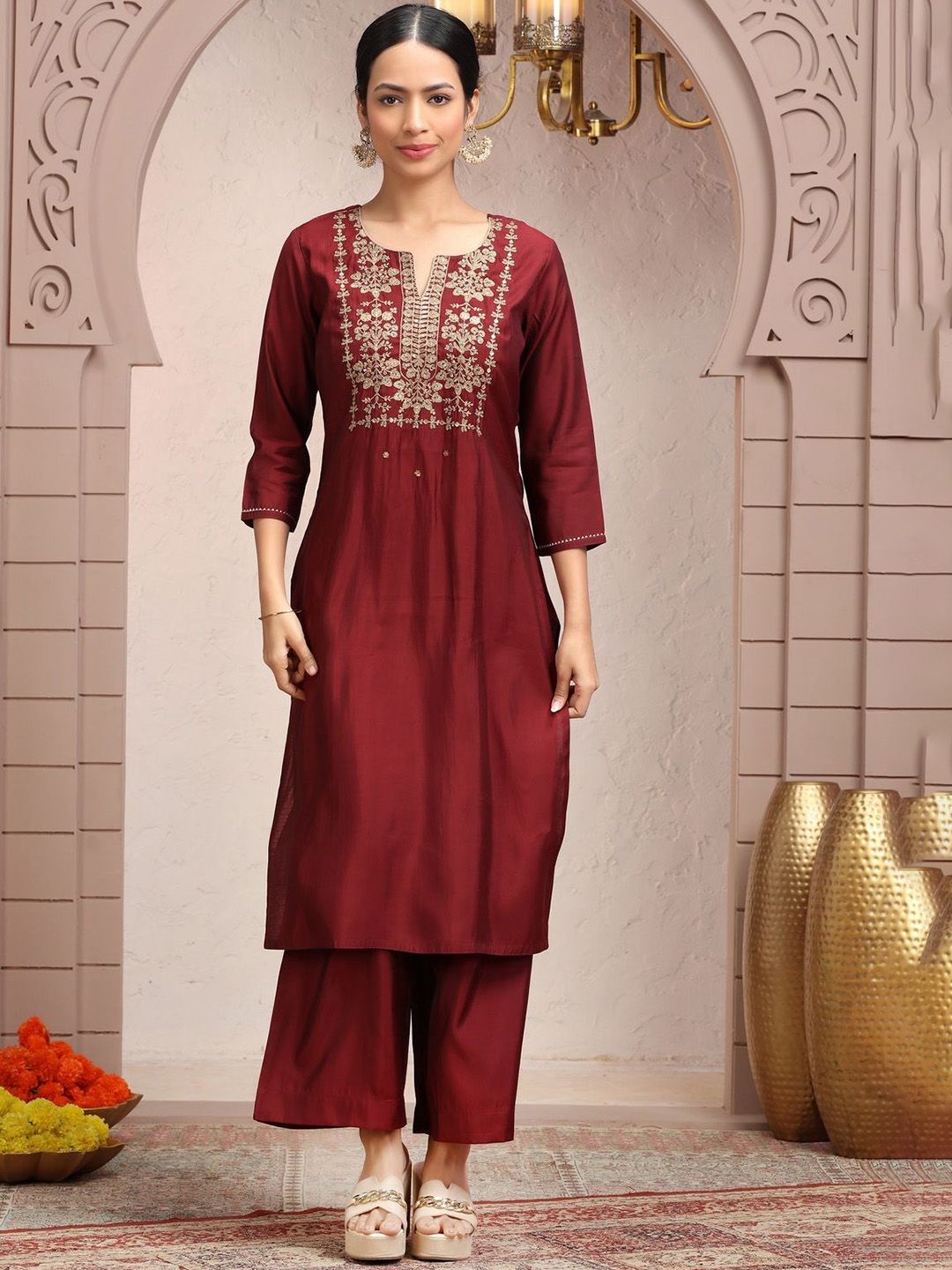 COTTON CULTURE Floral Embroidered Sequinned Notch Neck Silk Kurta With Trouser
