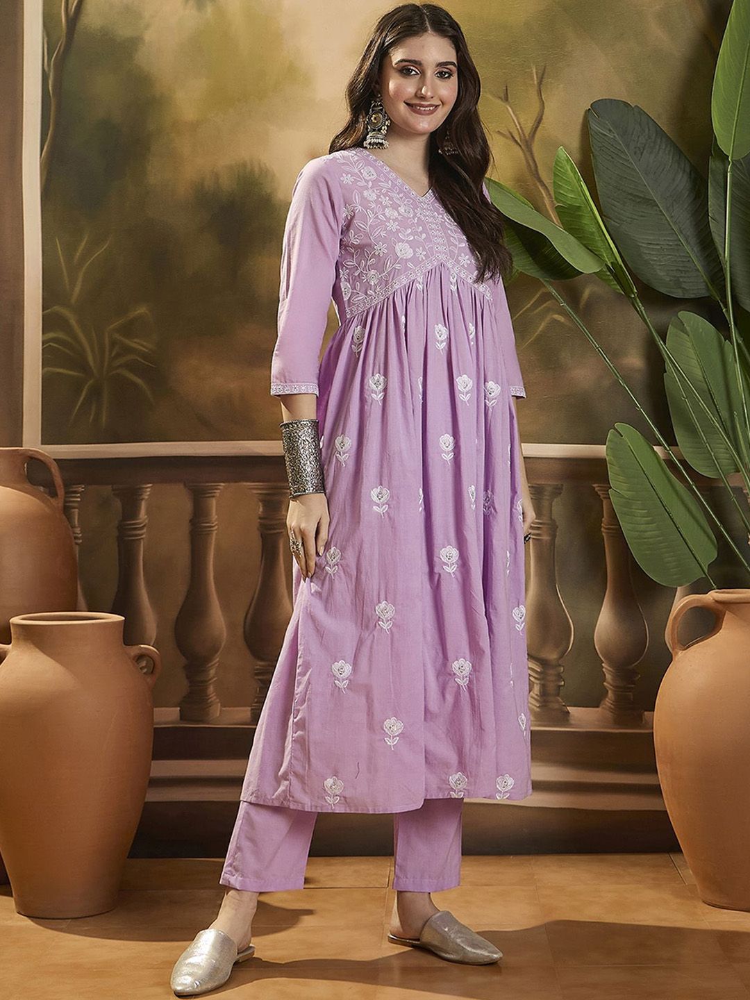 Women Floral embroidered rust round_neck Kurta set With trouser and dupatta