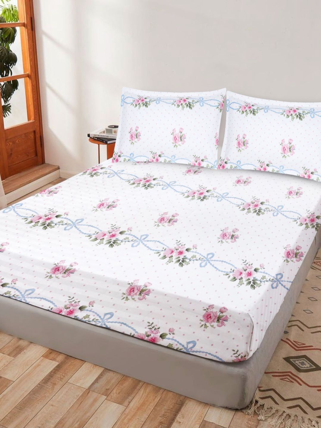 Crest Innovative Lives White & Pink Floral 300 TC King Bedsheet with 2 Pillow Covers-picture-12