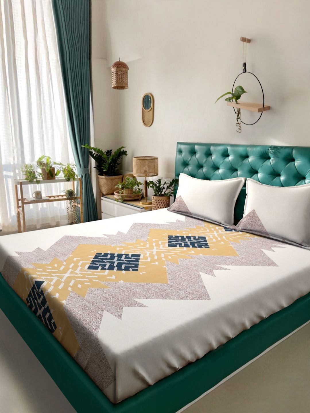KLOTTHE White Geometric Printed 300 TC Bedsheet With 2 Pillow Covers 2.50 m x 2.25m-image-1