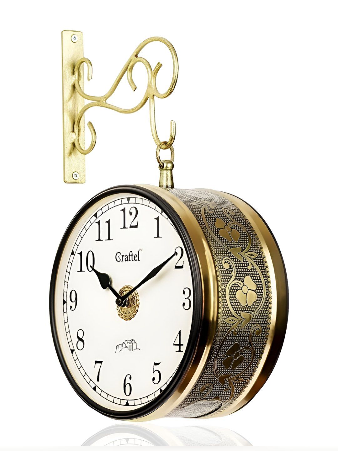 CRAFTEL Gold-Toned Floral Textured Analogue Metal Round Vintage Wall Clock