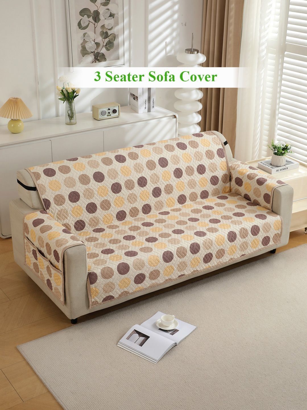 HOKIPO Brown Polka Dot 3 Seater Quilted Sofa Cover With Pockets-image-30