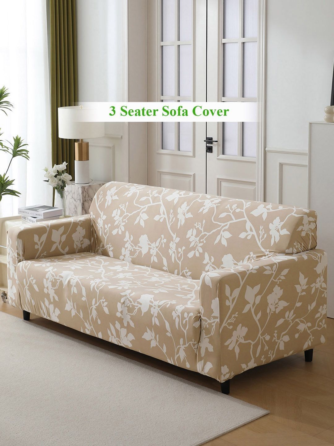 HOKIPO Brown & White Printed Stretchable 3 Seater Sofa Cover With Arms-picture-58