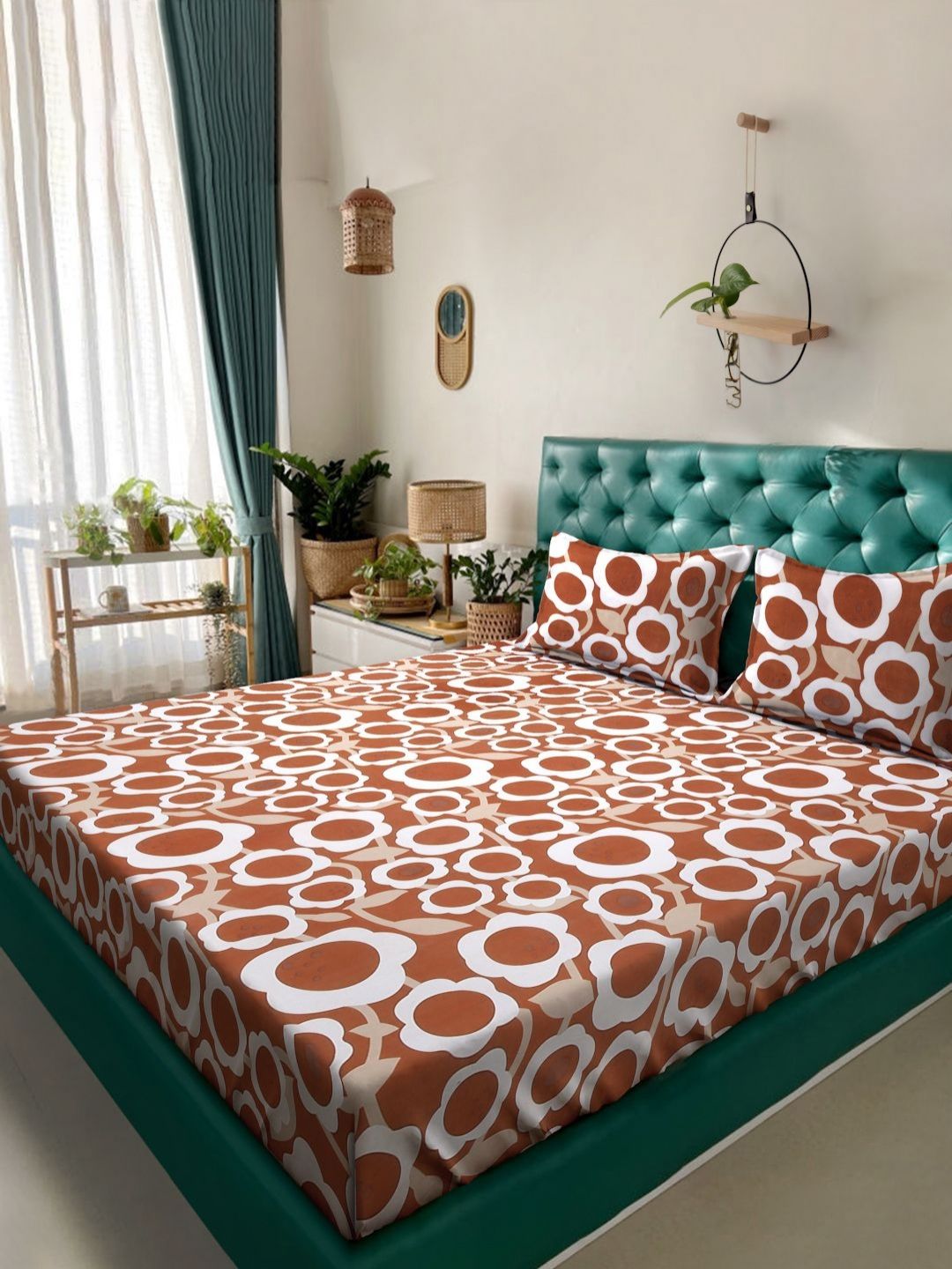 Klotthe Rust Floral Printed Double King Bedsheet With 2 Pillow Covers2.50 m X 2.25 m-picture-29