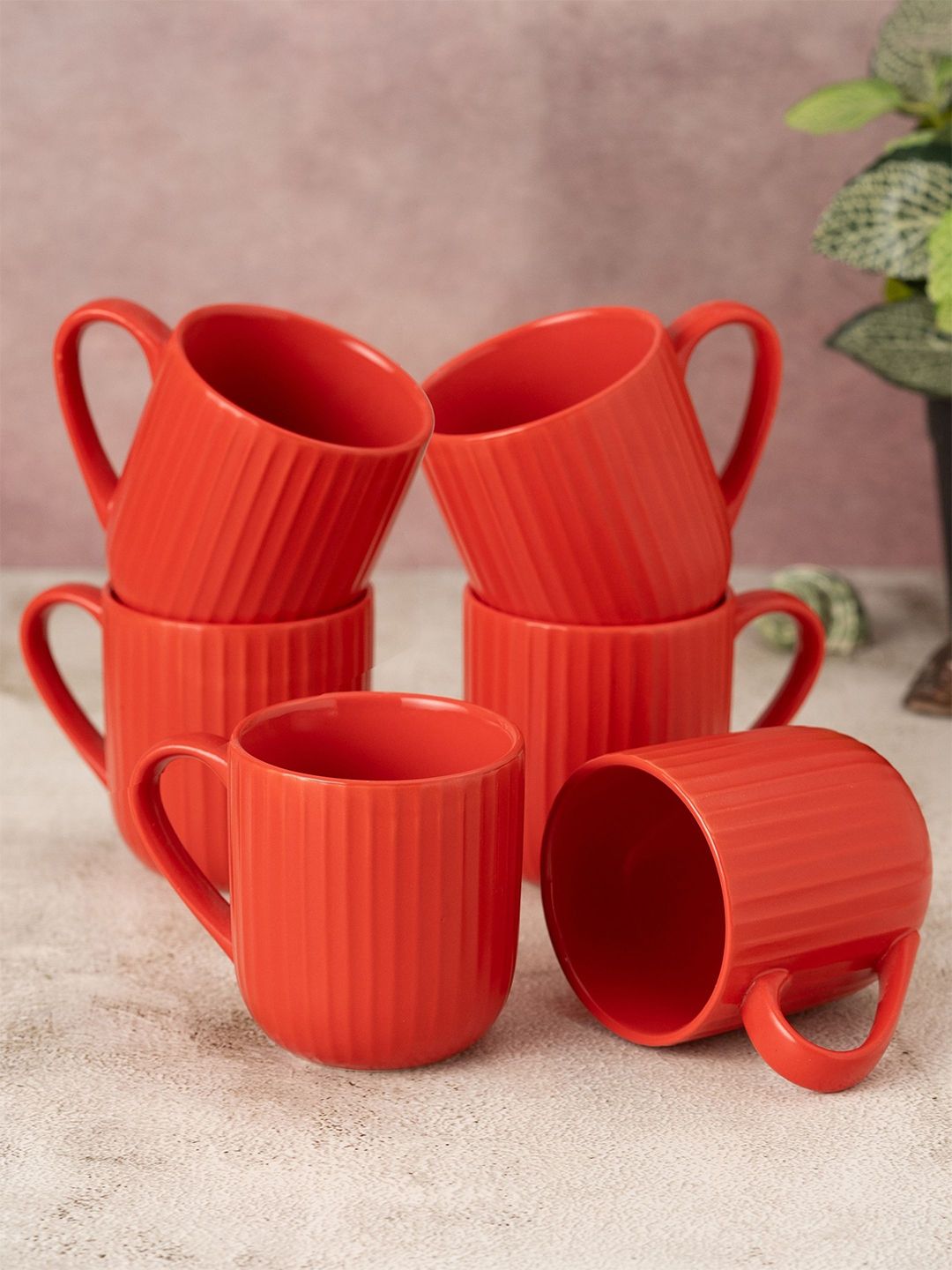 Clay Craft Fine Ceramic Linea Red Coffee Mugs Set Of 6, Cups For Tea & Coffee, Mugs Set-picture-56