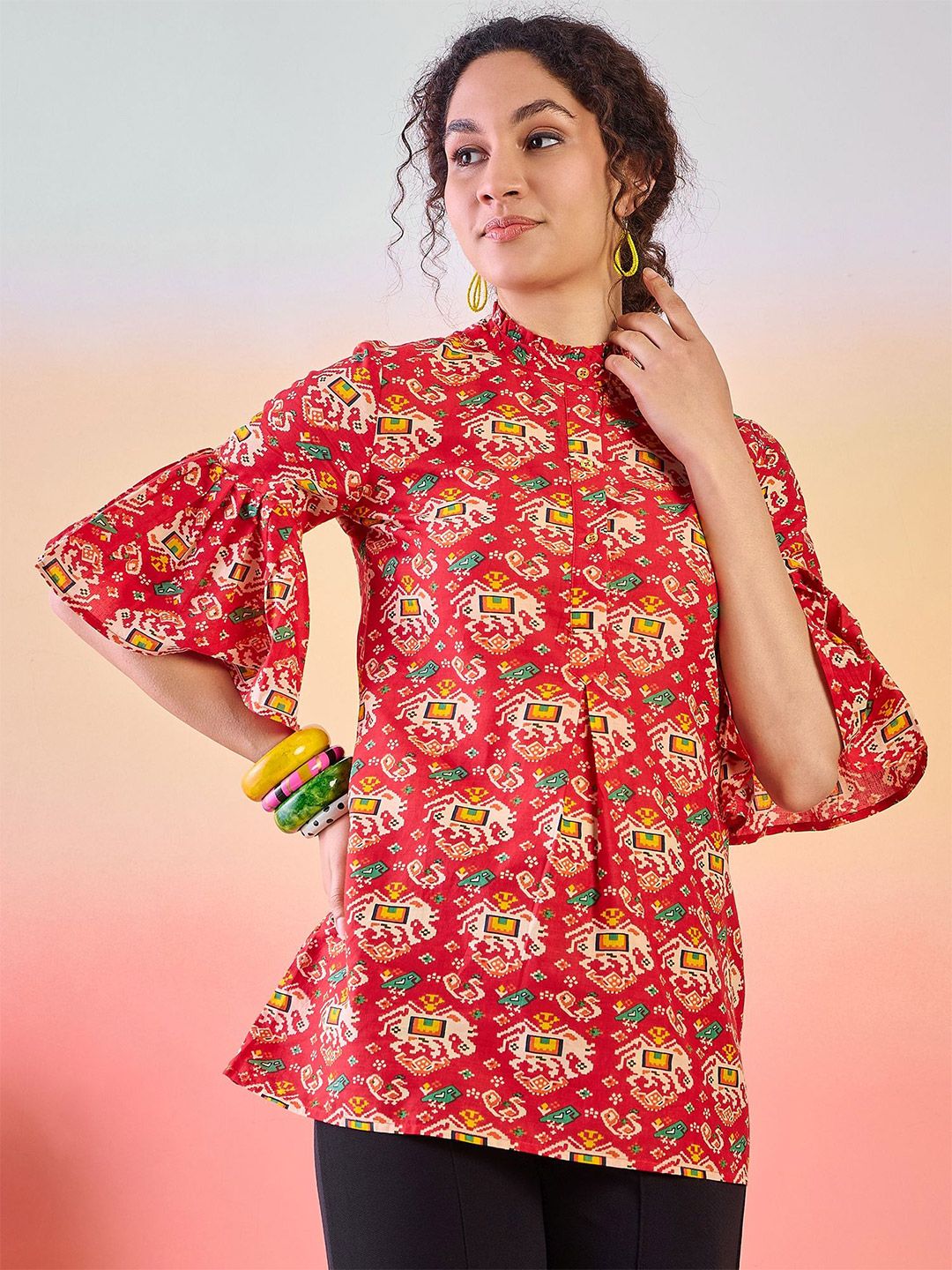 Sangria Ethnic Motif Printed Bell Sleeve Cotton Tunic-picture-17