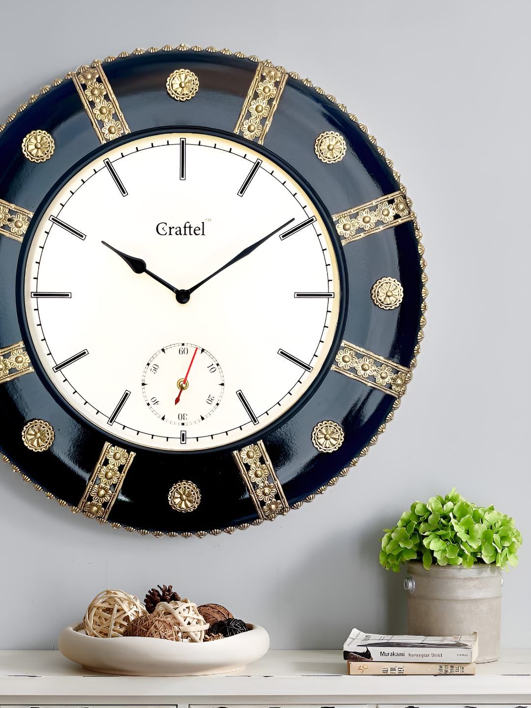 CRAFTEL Gold-Toned Ethnic Motifs Textured Analogue Metal Round Vintage Wall Clock-picture-38