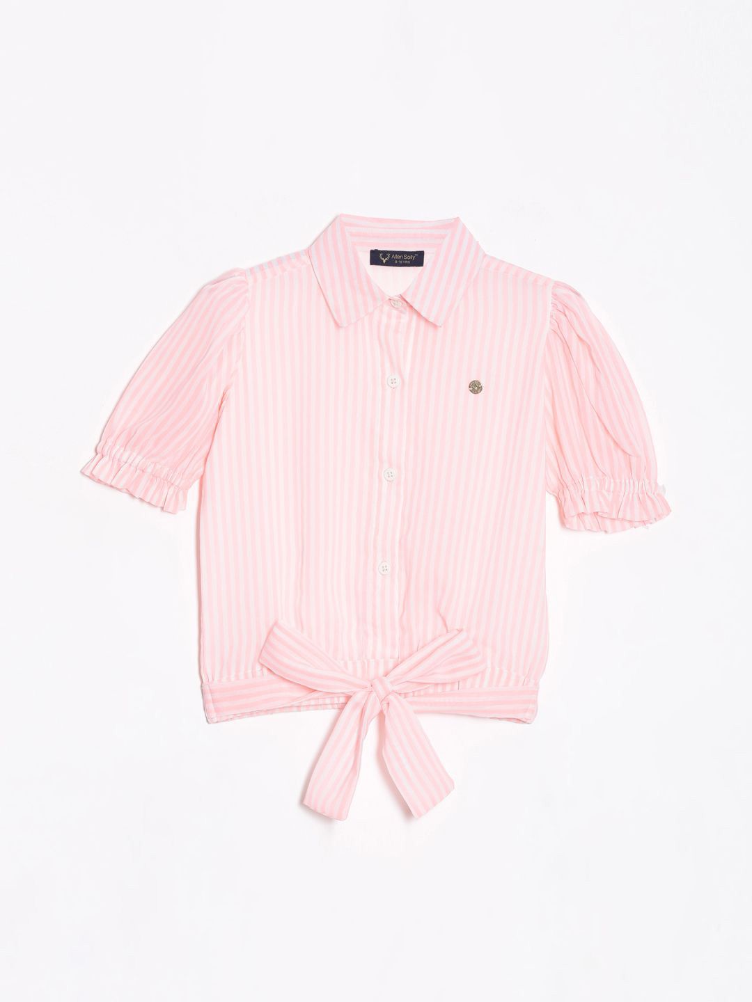 Allen Solly Girl Striped Shirt Collar Puff Sleeves Waist Tie-Ups Cotton Top