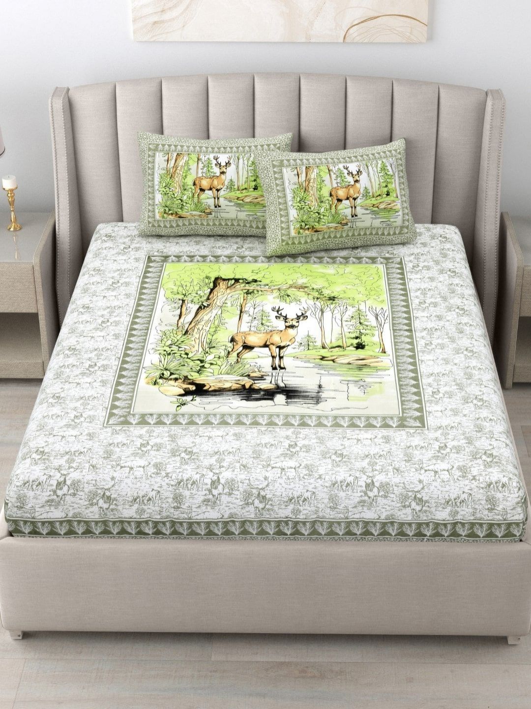 BED-SHEET.COM Lime Green & White Floral Printed 180 TC Cotton King Bedsheet Set-picture-30